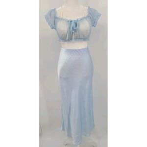 Y2K Coquette Babydloll Mesh Corset Top Medium Women Festival Crop Kawaii Blue